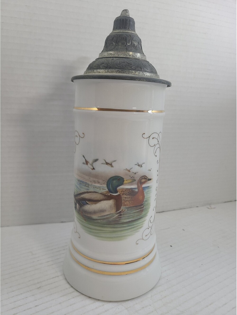 Vintage WMF Porcelain Mallard Duck Beer Stein Pewter Lid West Germany